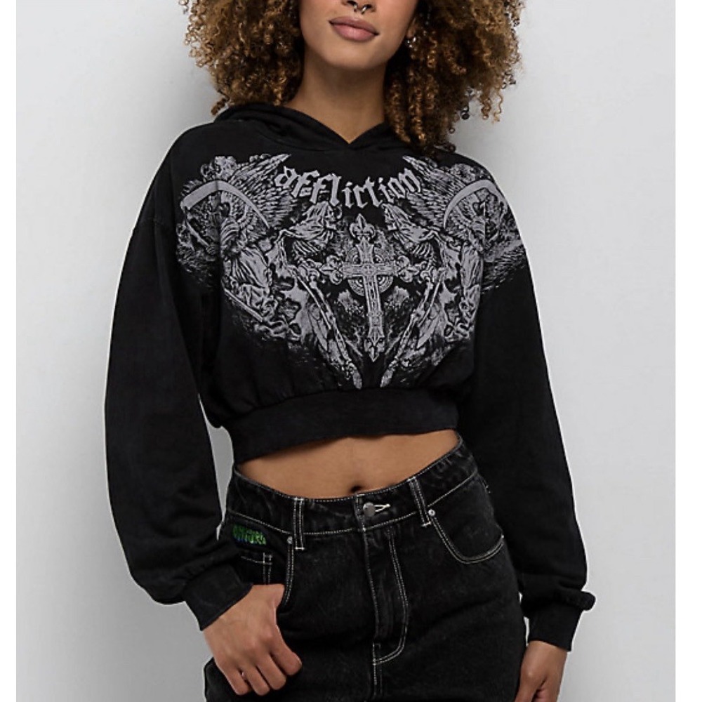 Affliction Hoodie Womens Medium Y2K Gothic Winged Cross Graphic Full Zip Cropped